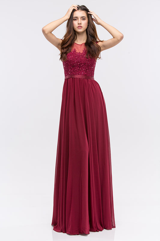 Elegant Illusion Lace Top Floor-Length Chiffon Gown