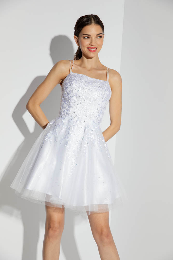 Short 3D Lace Corset-Back Dress | A-Line Glitter Mesh Homecoming or Prom Dress with Embroidered Bodice & Boning Support