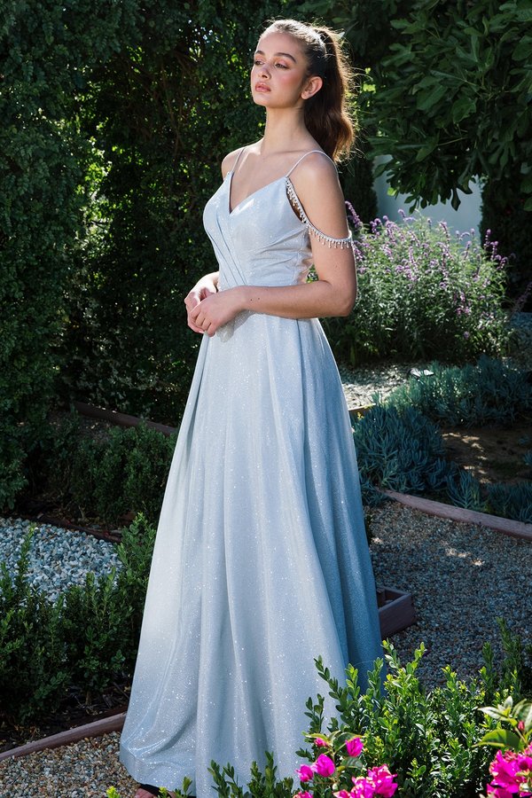 Off-Shoulder Shimmer A-Line Gown with Jeweled Chain & Corset Back | Floor-Length Pleated Bust Formal Dress with Slit | Prom & Evening Gown