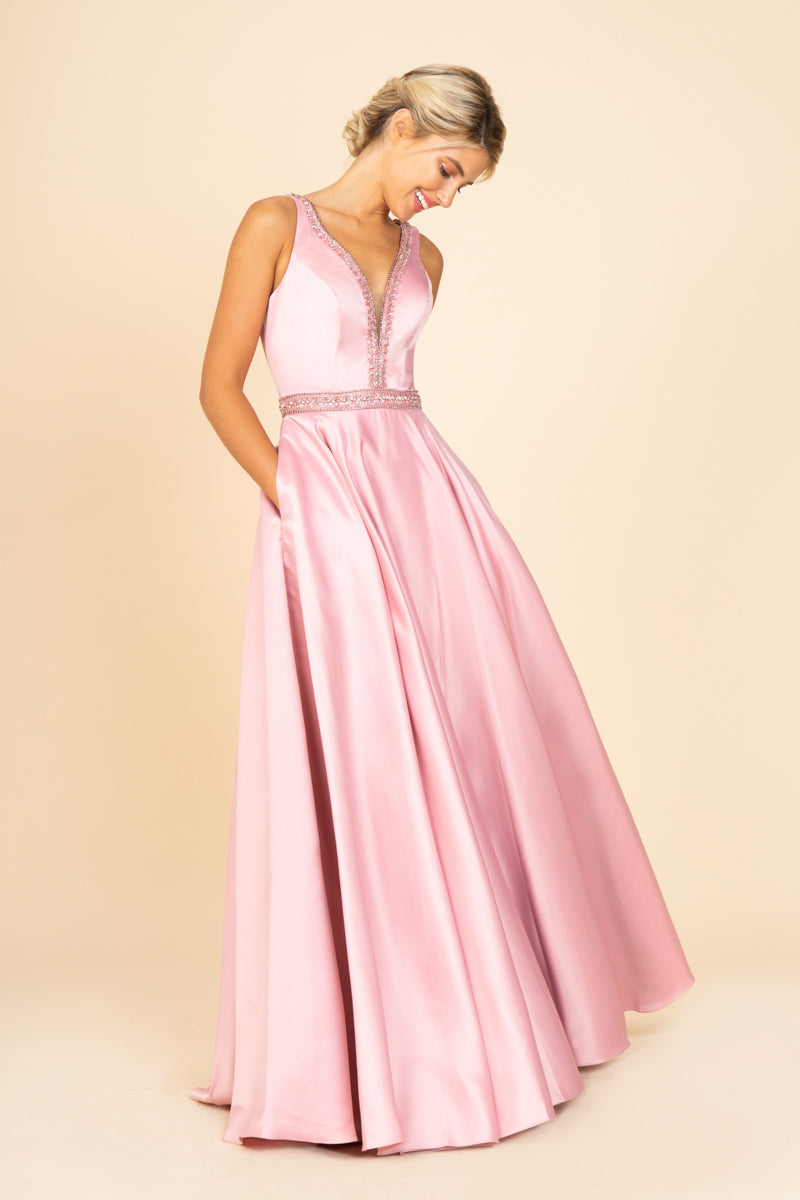 Beaded Waist Satin A-Line Gown with Pockets | Floor-Length V-Neck Formal Dress | Elegant Prom, Bridesmaid, or Evening Gown