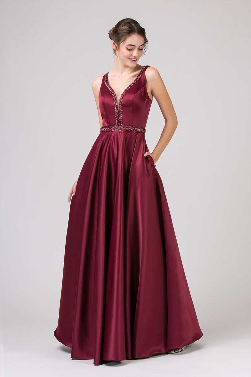 Beaded Waist Satin A-Line Gown with Pockets | Floor-Length V-Neck Formal Dress | Elegant Prom, Bridesmaid, or Evening Gown