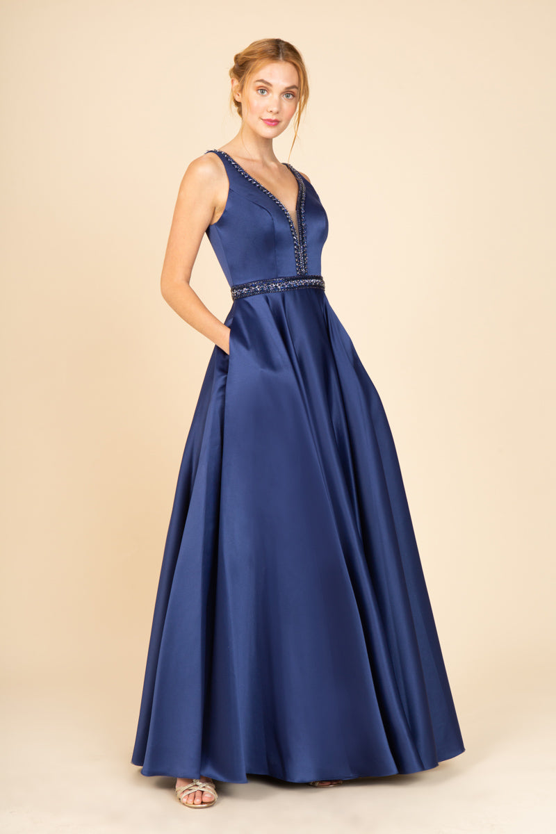 Beaded Waist Satin A-Line Gown with Pockets | Floor-Length V-Neck Formal Dress | Elegant Prom, Bridesmaid, or Evening Gown