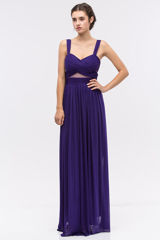 Sleeveless Scoop Neck Mesh Detail Evening Gown | Elegant A-Line Formal Dress | Flowy Chiffon-Style Silhouette for Prom, Gala, or Wedding Guest