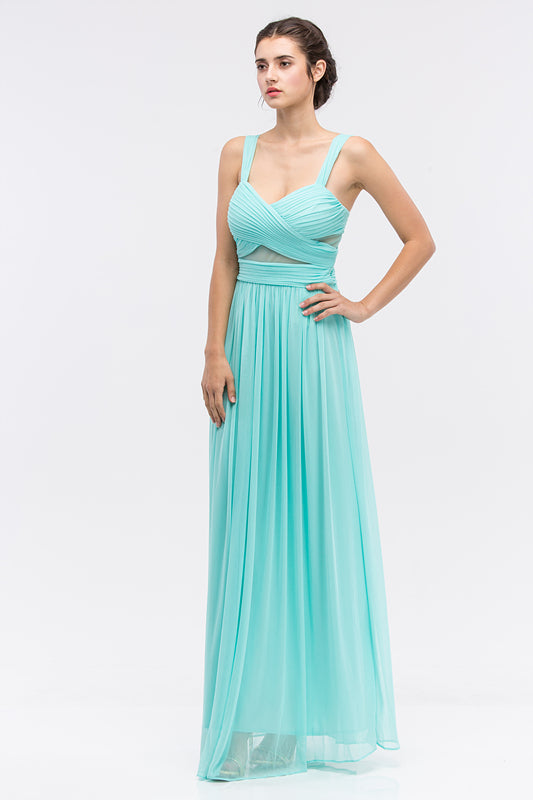Sleeveless Scoop Neck Mesh Detail Evening Gown | Elegant A-Line Formal Dress | Flowy Chiffon-Style Silhouette for Prom, Gala, or Wedding Guest