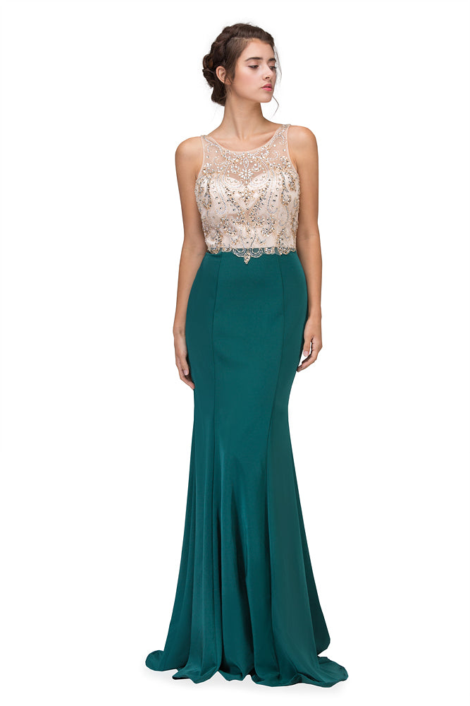 Illusion Beaded Bodice Mermaid Gown | Floor-Length Stretch Satin Evening Dress | Elegant Prom, Pageant, or Formal Event Gown