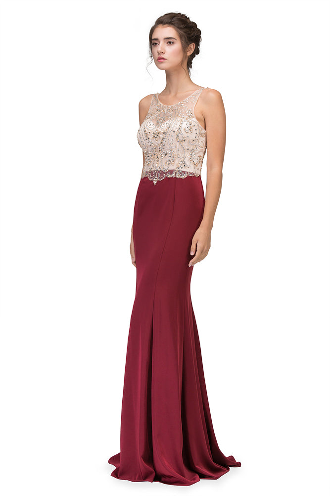 Illusion Beaded Bodice Mermaid Gown | Floor-Length Stretch Satin Evening Dress | Elegant Prom, Pageant, or Formal Event Gown