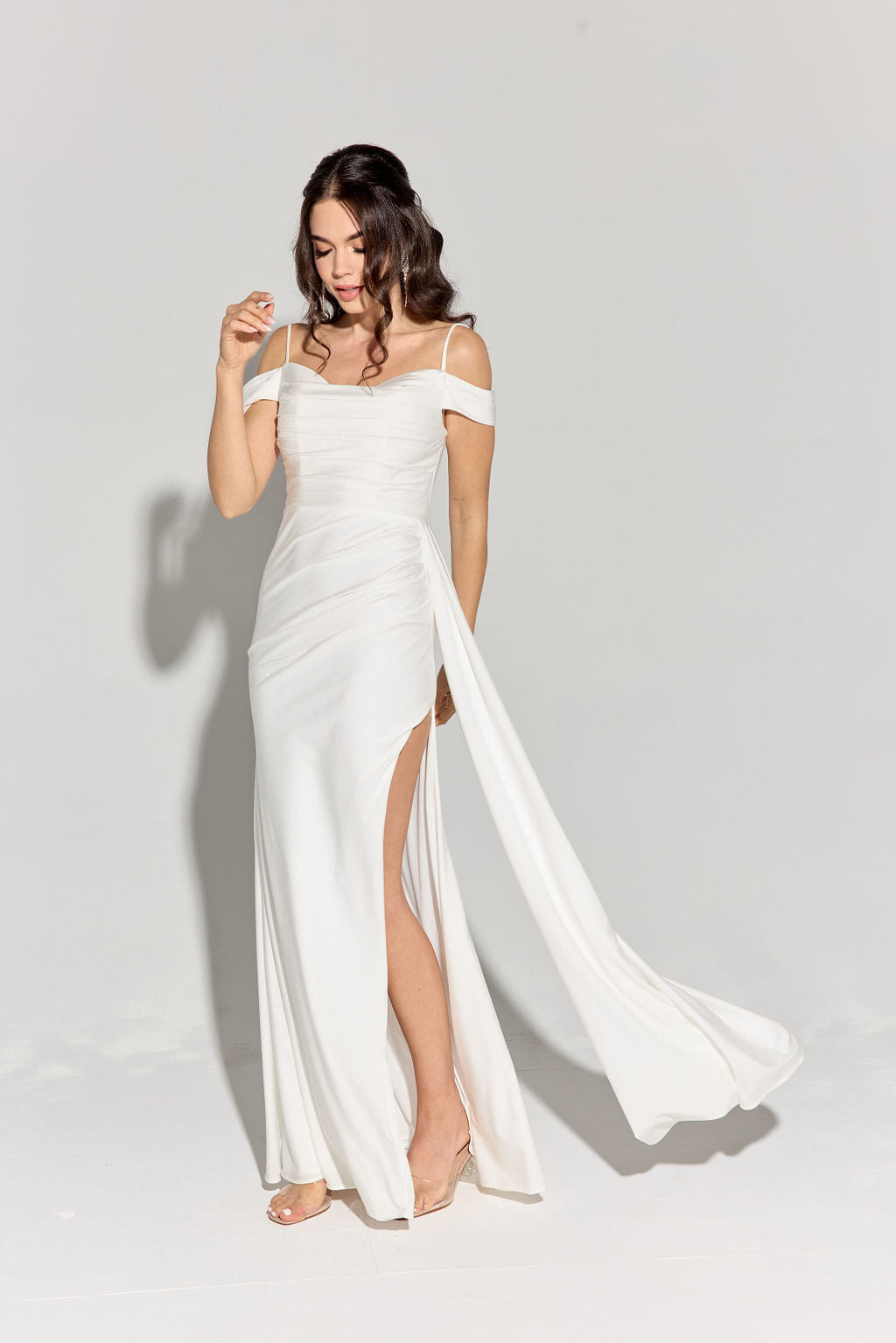 Off-Shoulder Fitted Glitter Satin Jersey Gown | Side Ruching with Open Slit & Side Tail | Elegant Prom or Evening Dress