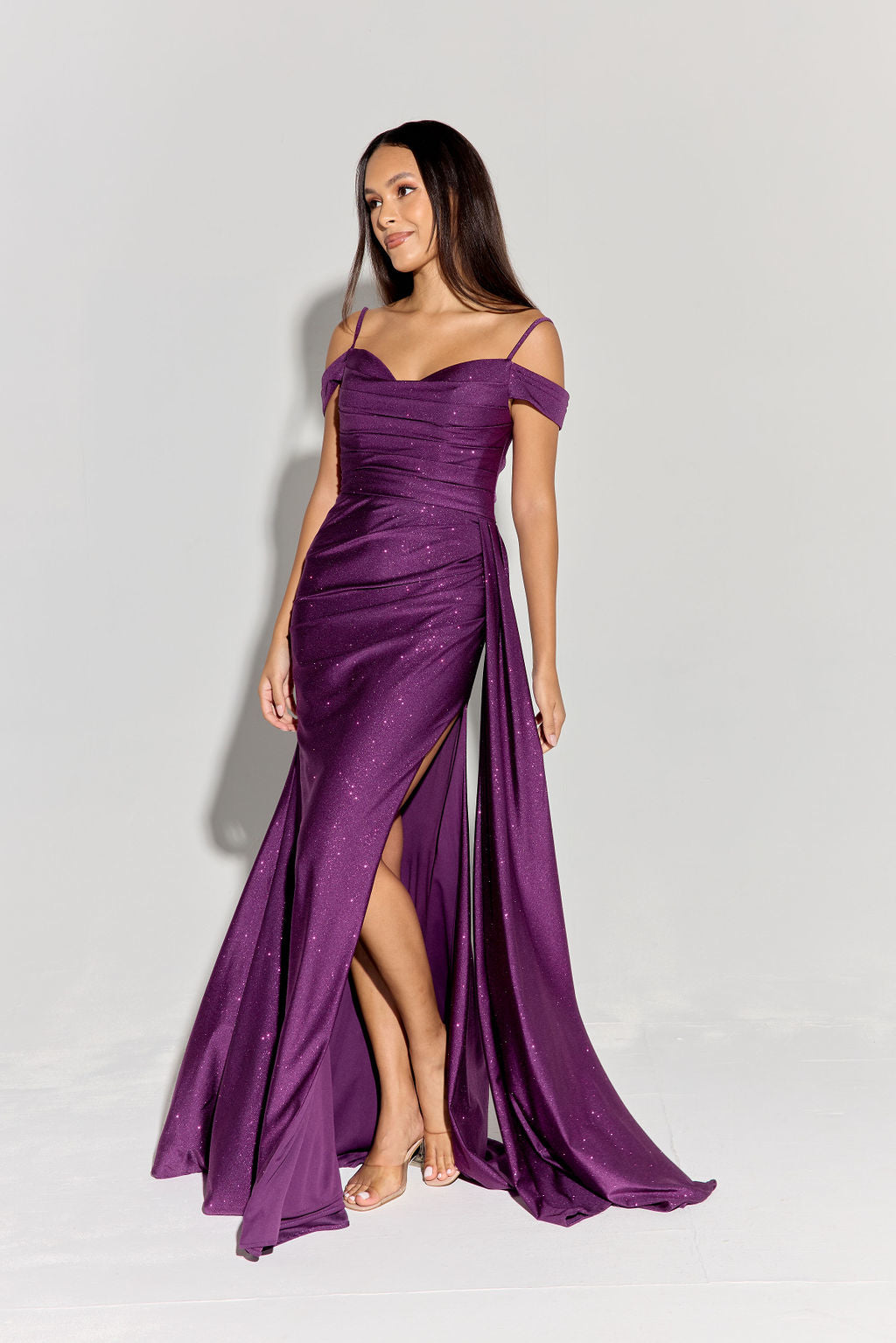 Off-Shoulder Fitted Glitter Satin Jersey Gown | Side Ruching with Open Slit & Side Tail | Elegant Prom or Evening Dress