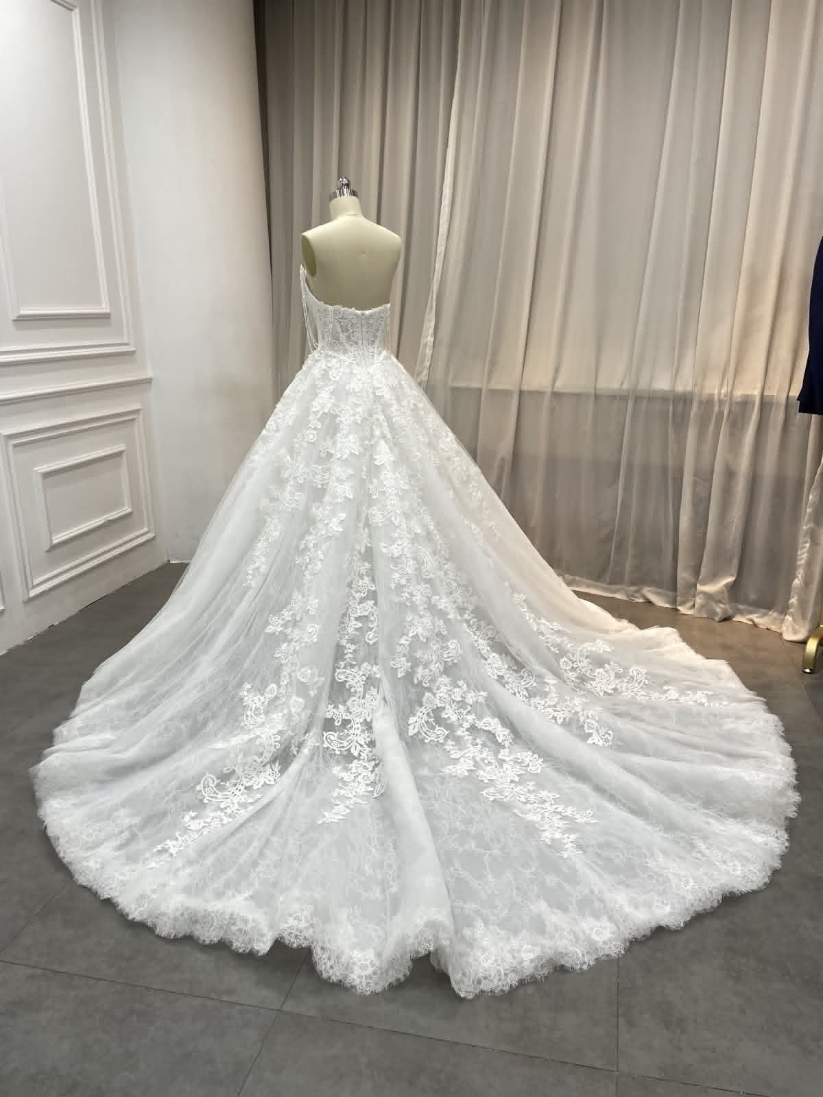 Pearl-Draped Lace Ballgown Wedding Dress