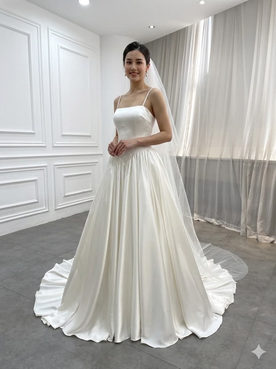 Minimalist Satin Wedding Dress with Basque Waist and Flowing A-Line Skirt | Classic Bridal Gown with Train