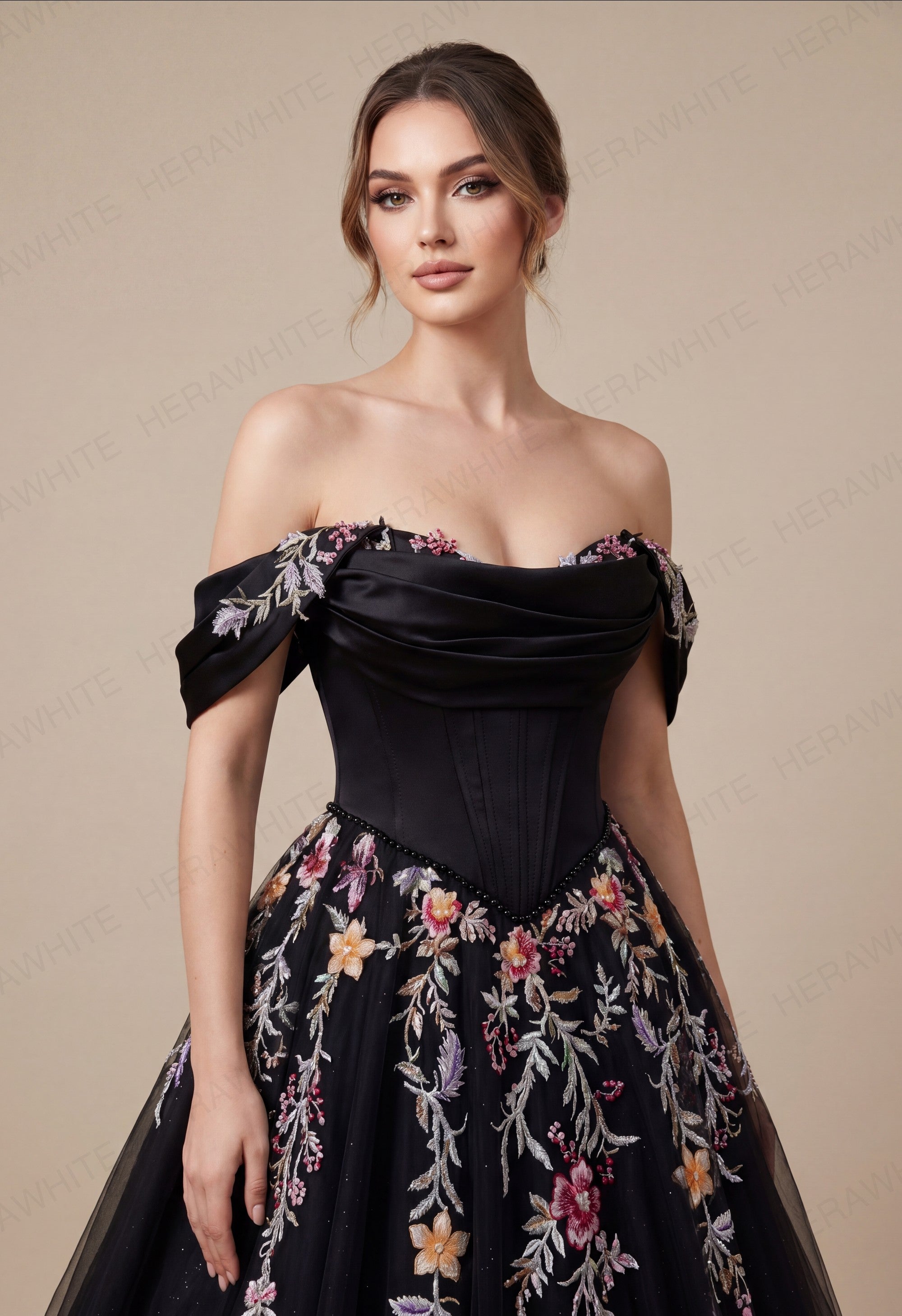 Off the Shoulder Satin Corset Ball Gown with Colorful Floral Embroidery