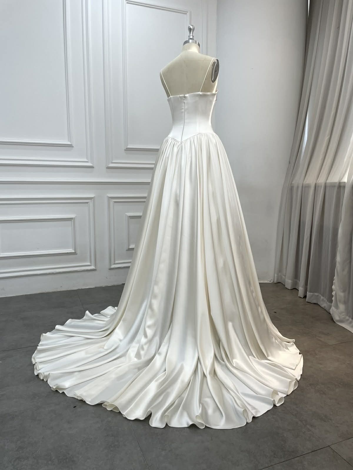 Minimalist Satin Wedding Dress with Basque Waist and Flowing A-Line Skirt | Classic Bridal Gown with Train