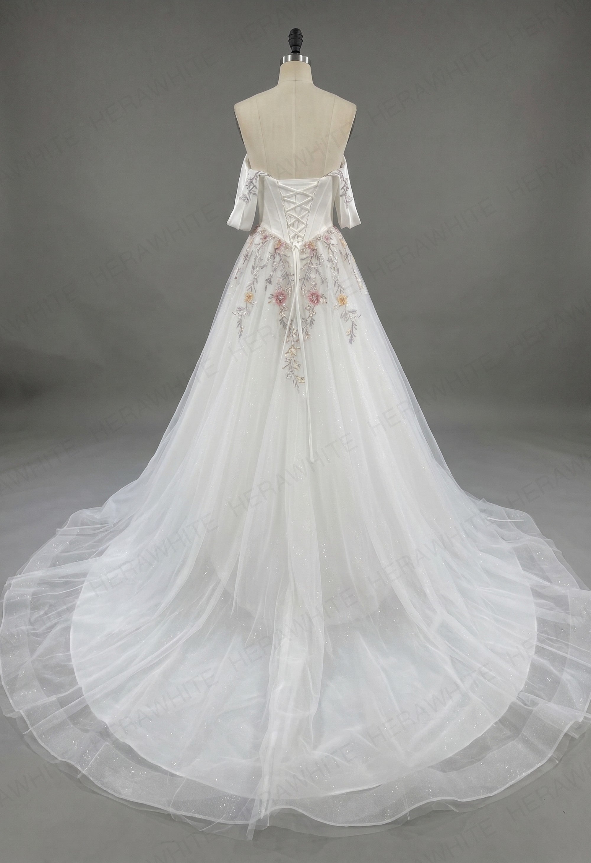 Off the Shoulder Satin Corset Ball Gown with Colorful Floral Embroidery