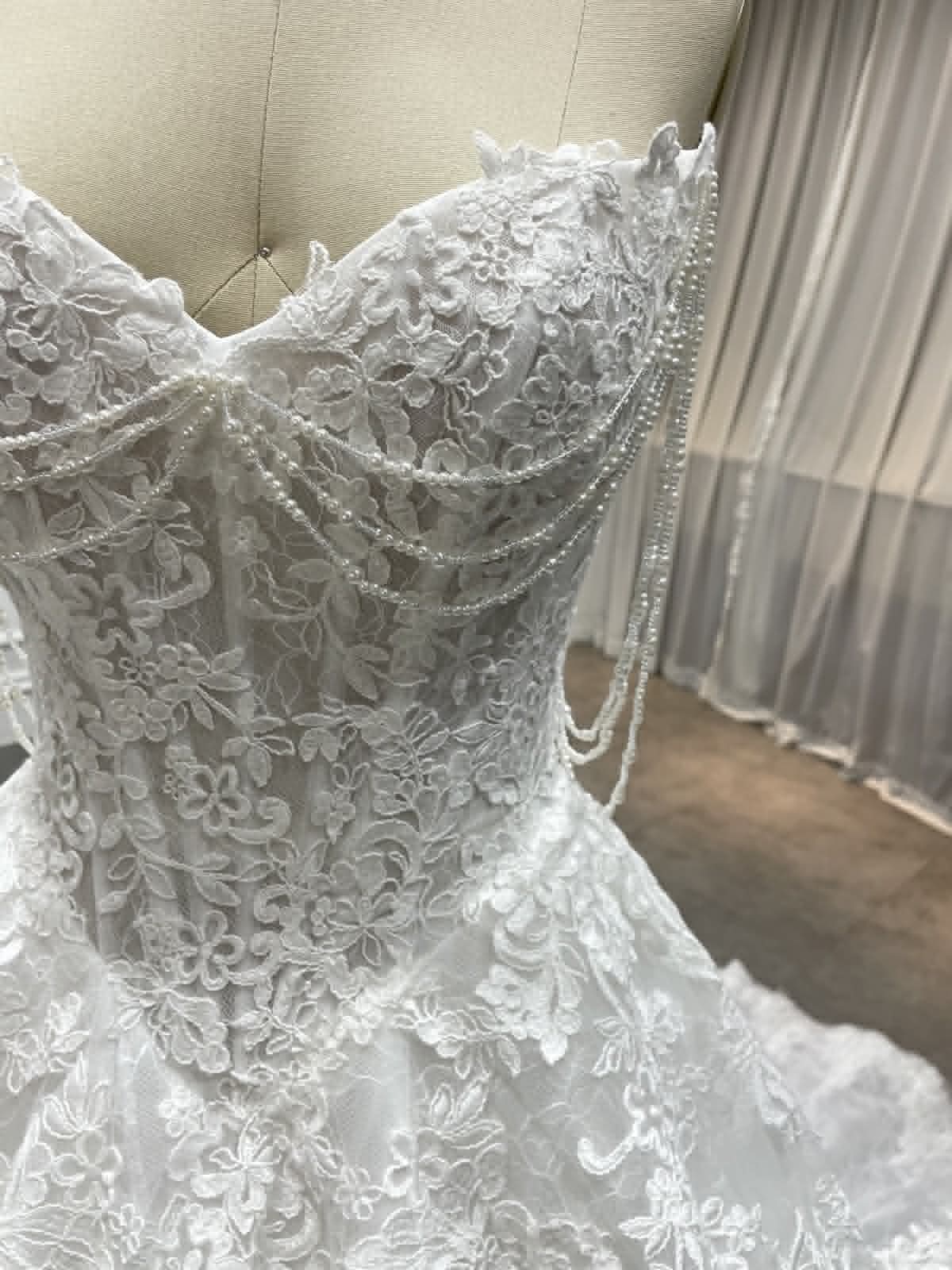 Pearl-Draped Lace Ballgown Wedding Dress
