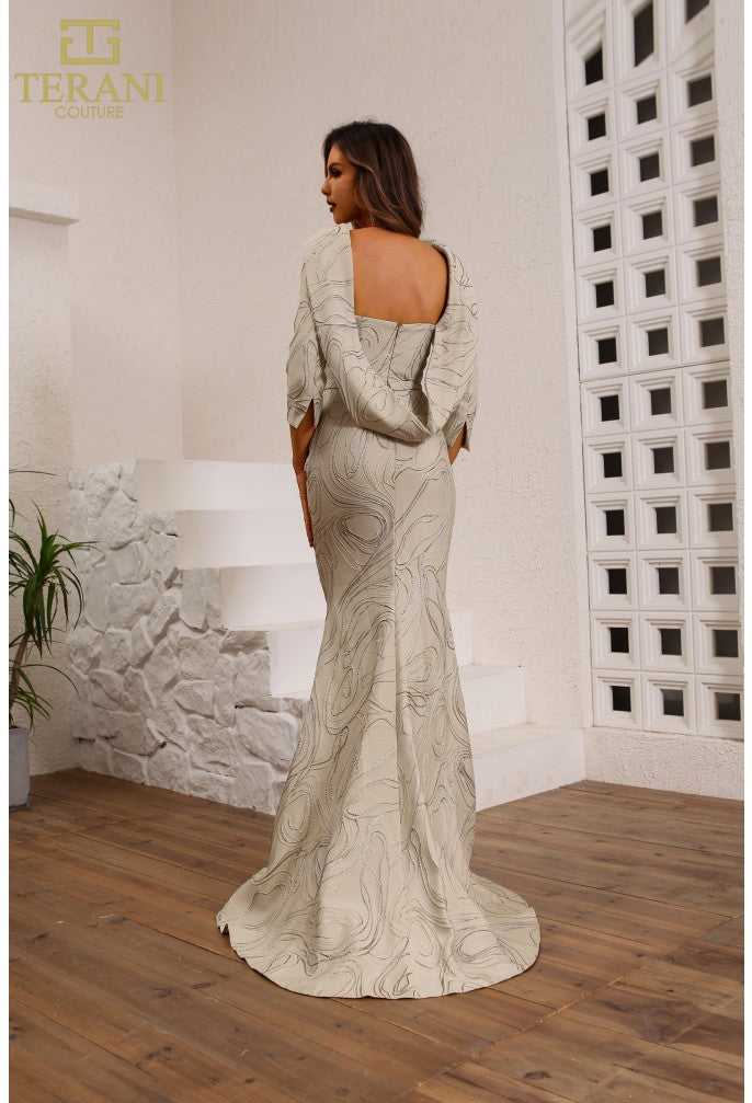 Terani Couture 251M4455 Boat Neck Jacquard Long Sheath Dress
