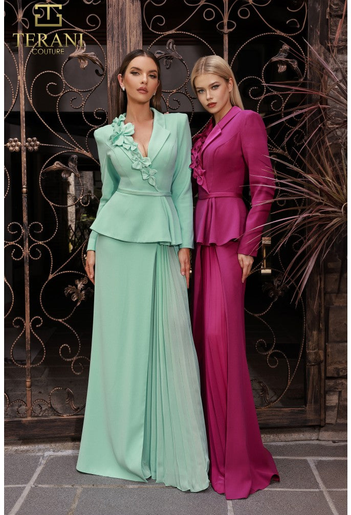 Terani Couture 251M4572 V-neck Full Sleeves Long Sheath Dress