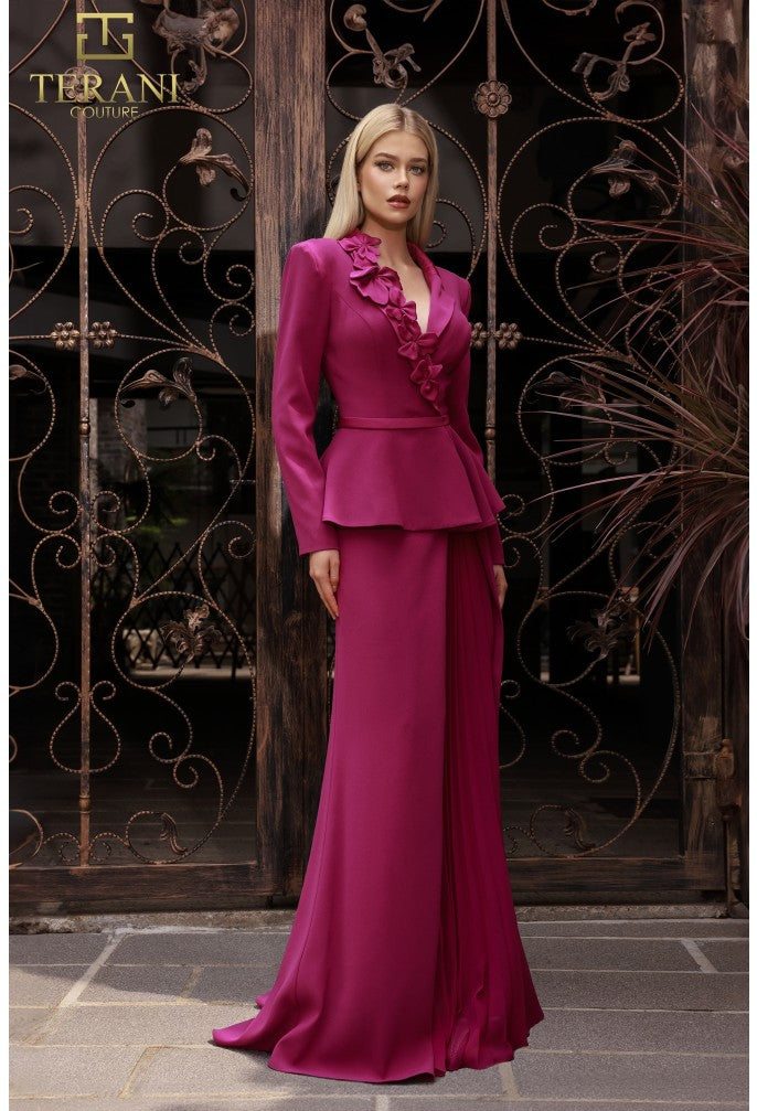 Terani Couture 251M4572 V-neck Full Sleeves Long Sheath Dress