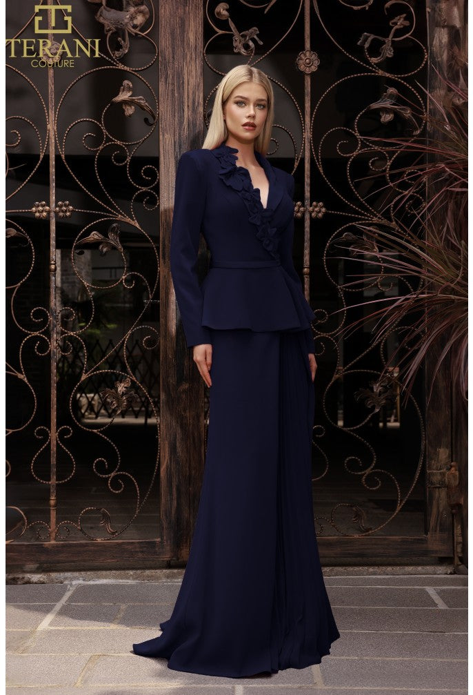 Terani Couture 251M4572 V-neck Full Sleeves Long Sheath Dress