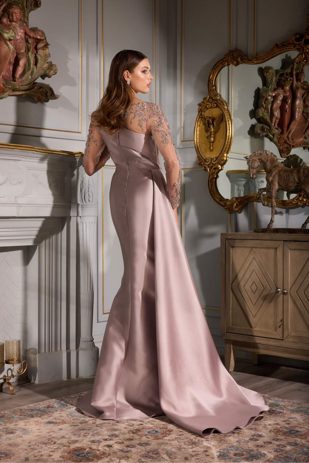 Terani Couture 252M5344 – Pleated Lace Asymmetric Crepe MOB Dress
