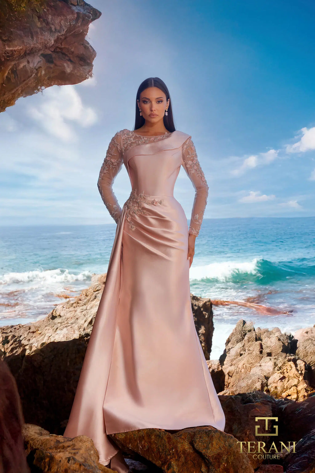 Terani Couture 252M5344 – Pleated Lace Asymmetric Crepe MOB Dress