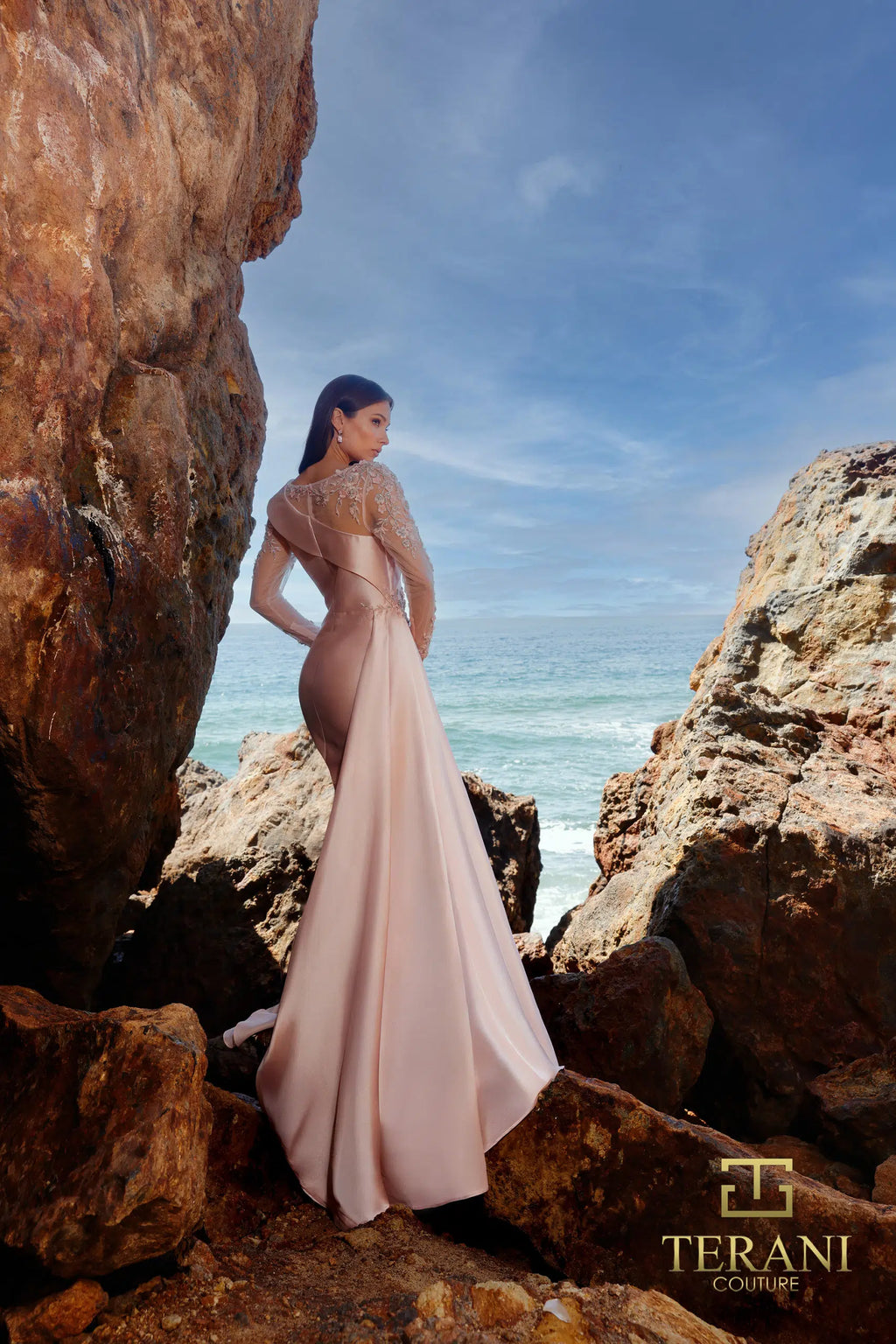 Terani Couture 252M5344 – Pleated Lace Asymmetric Crepe MOB Dress