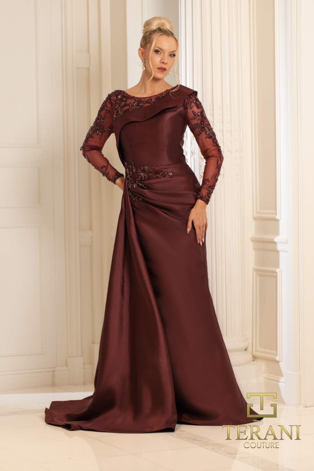 Terani Couture 252M5344 – Pleated Lace Asymmetric Crepe MOB Dress
