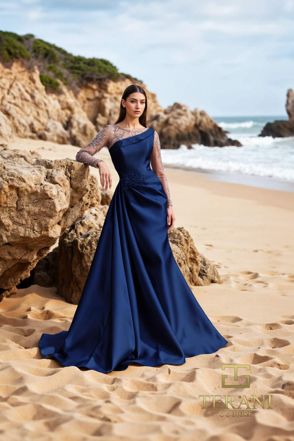 Terani Couture 252M5344 – Pleated Lace Asymmetric Crepe MOB Dress