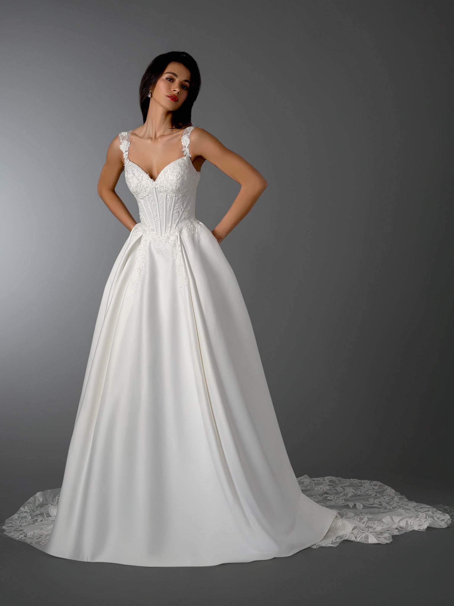 Lustrous Satin A-Line Gown with Slit  Embrace a look of timeless royalty with the effortle