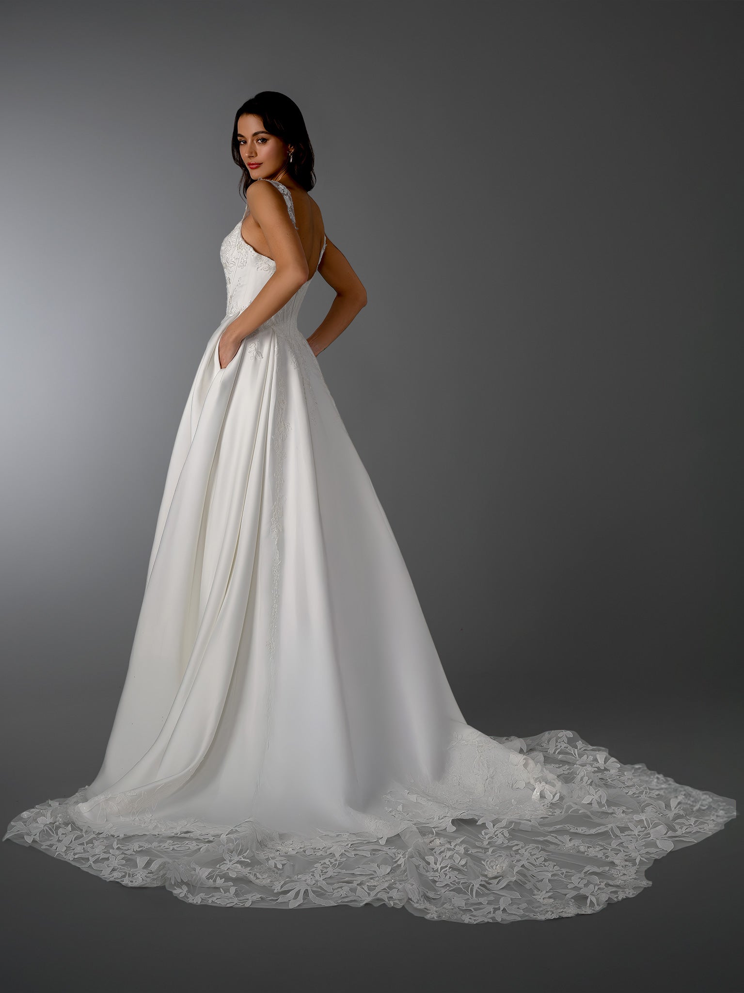 Lustrous Satin A-Line Gown with Slit  Embrace a look of timeless royalty with the effortle