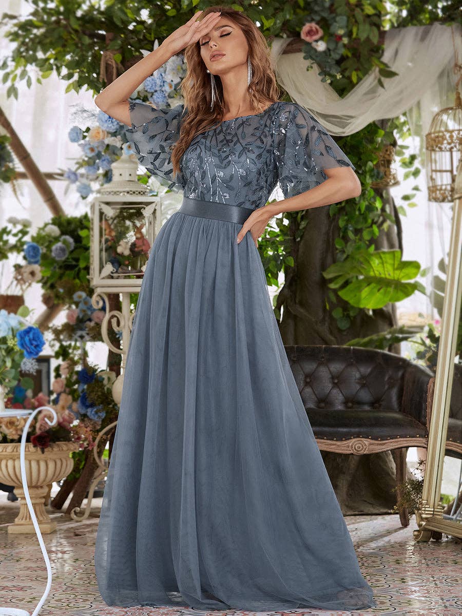 Sequin Print Maxi Long Evening Dresses with Cap Sleeve