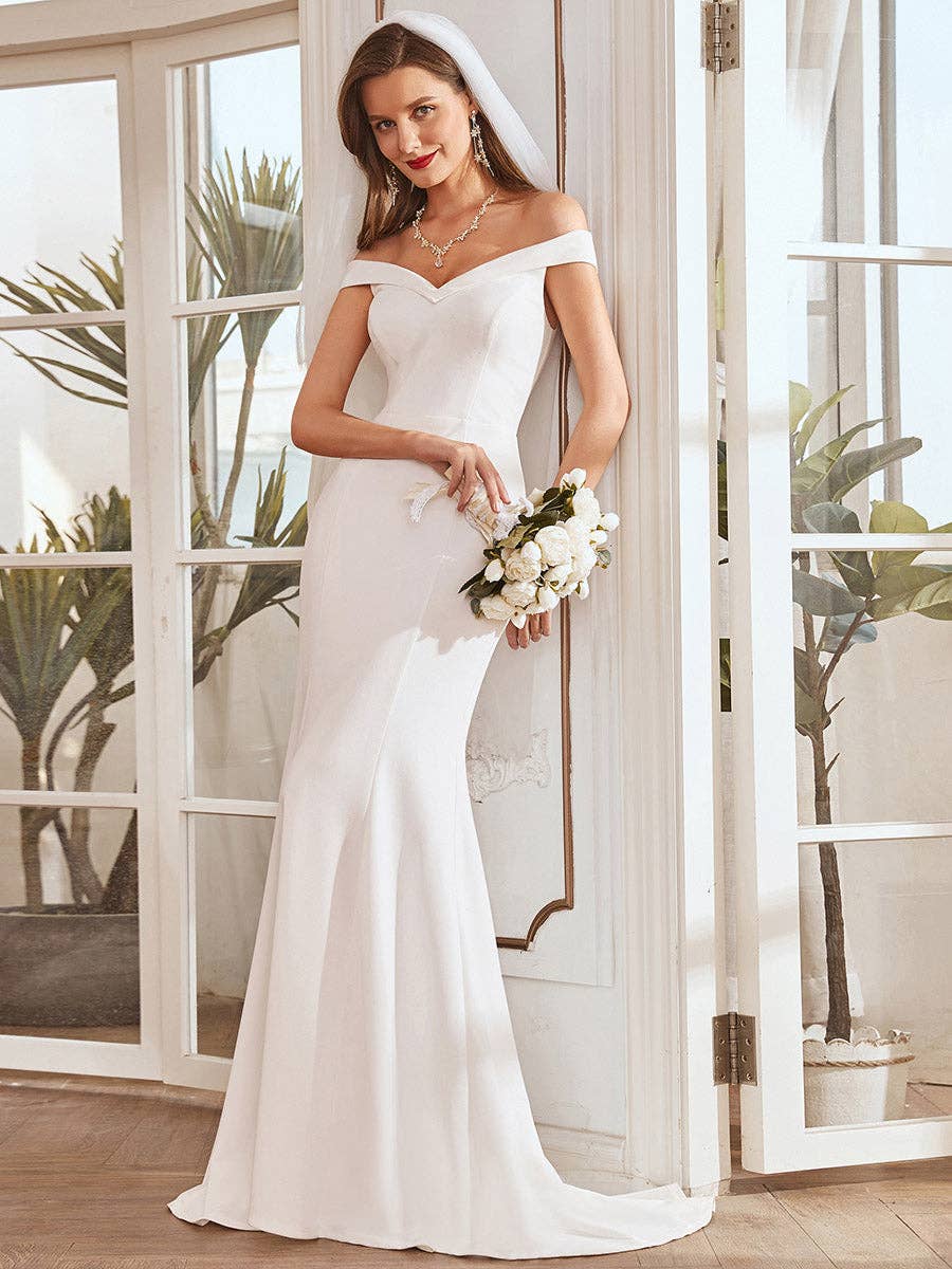 Plain Solid Color Off Shoulder Mermaid Wedding Dress