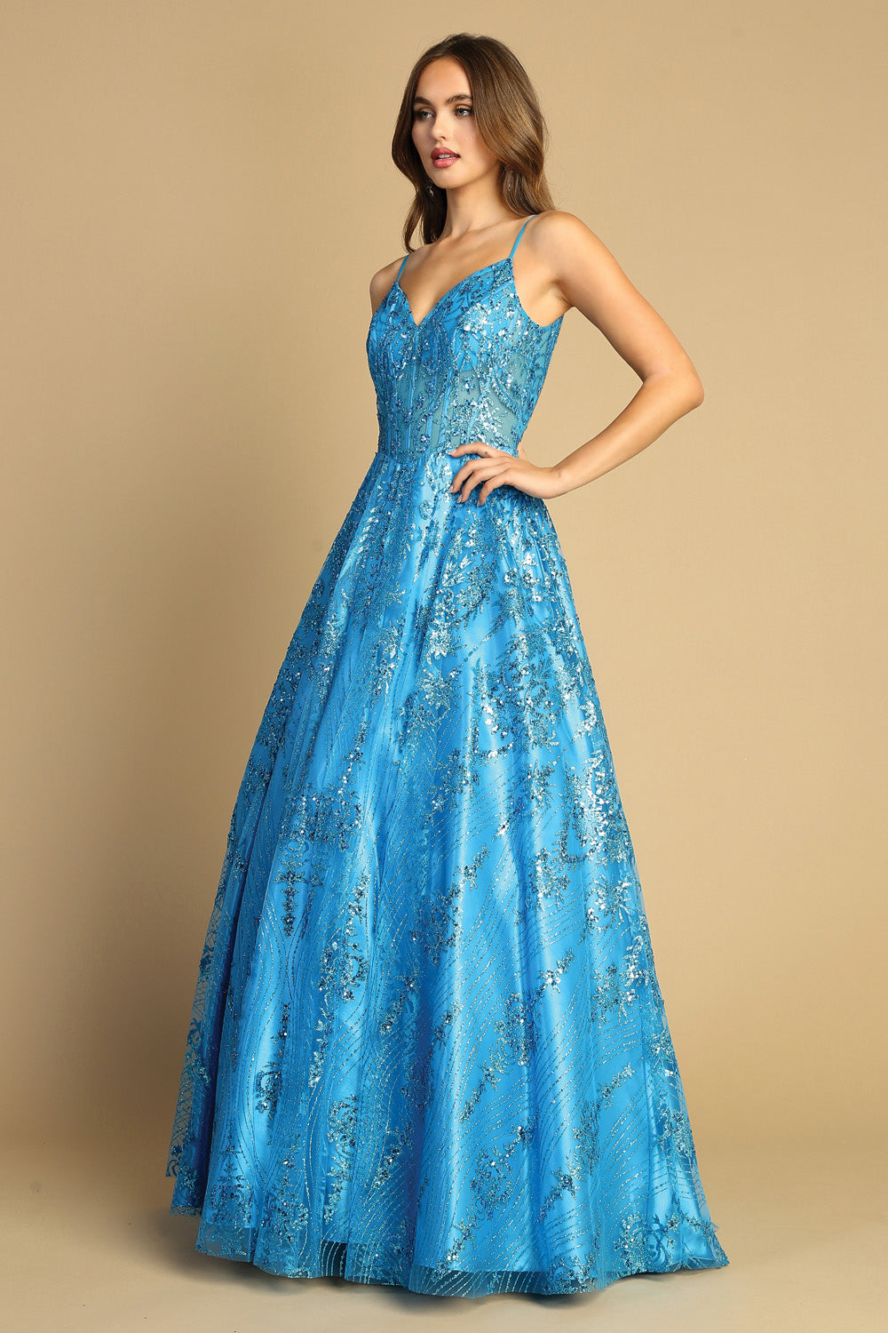 3141 Turquoise Glitter A-Line Prom & Formal Dress