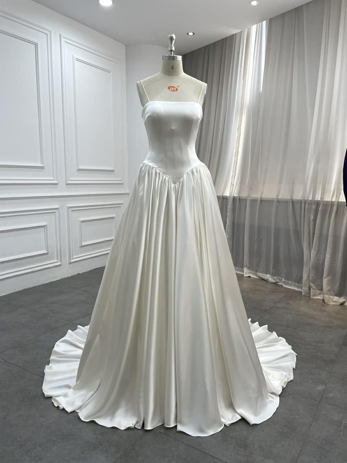 Minimalist Satin Wedding Dress with Basque Waist and Flowing A-Line Skirt | Classic Bridal Gown with Train