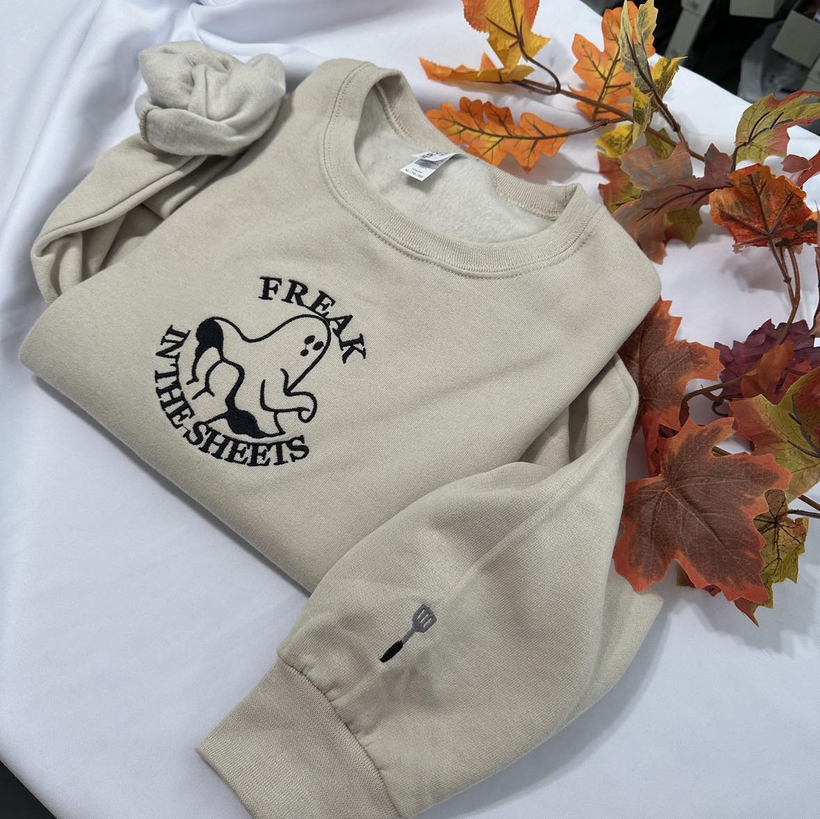 Freak in the sheet embroidered sweatshirt! Halloween embroidery; Halloween Embroidered Sweatshirts; women clothing