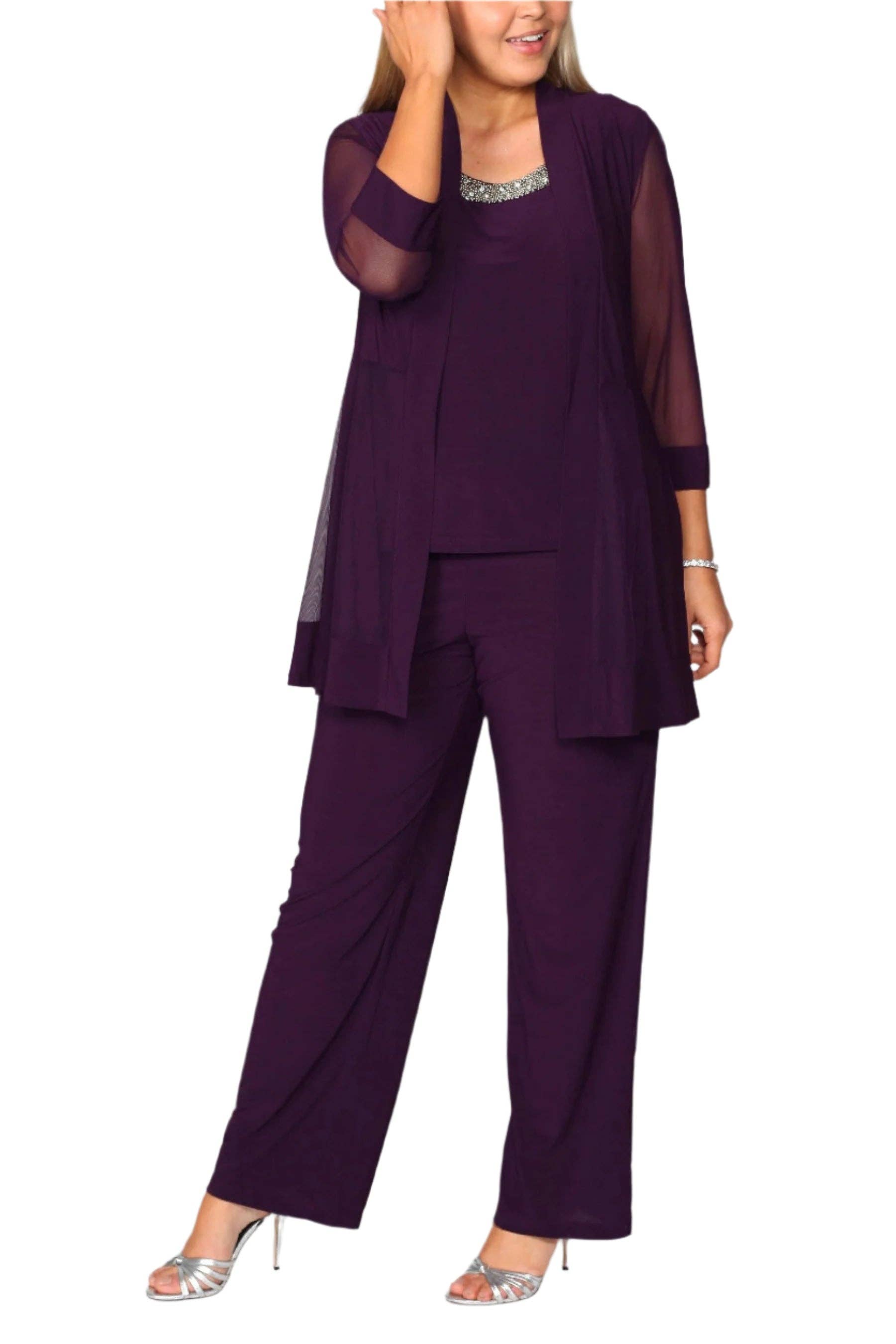 R&M Richards Three Piece Pants Suit Round Neck Sleeveless Top with Soft-Cut Draped Lapel Mesh Jacket Formal Dress  (Plus Size)