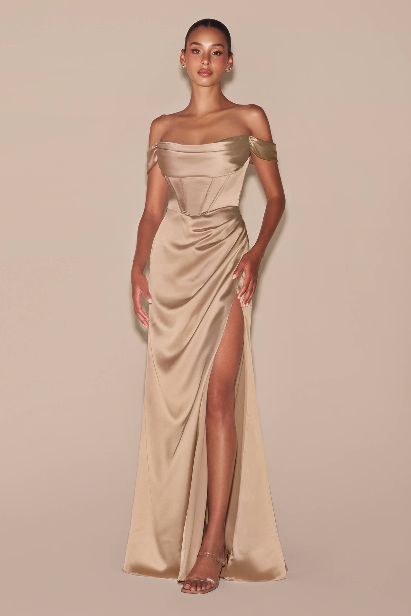 Satin off the shoulder corset evening dress