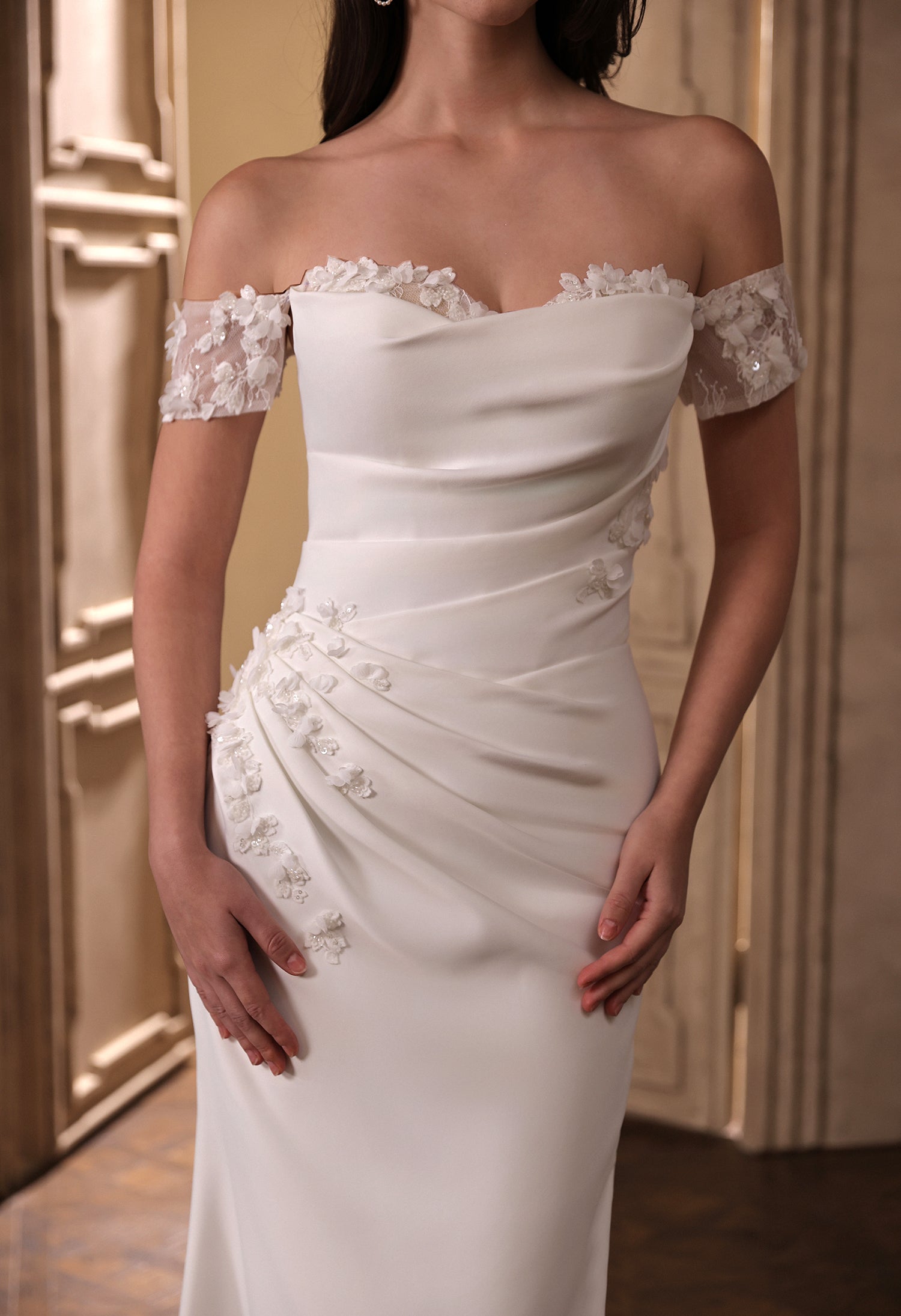 Elegant Satin Pleated Bodice Fit to Flare Wedding Dress with 3D Lace Motifs
