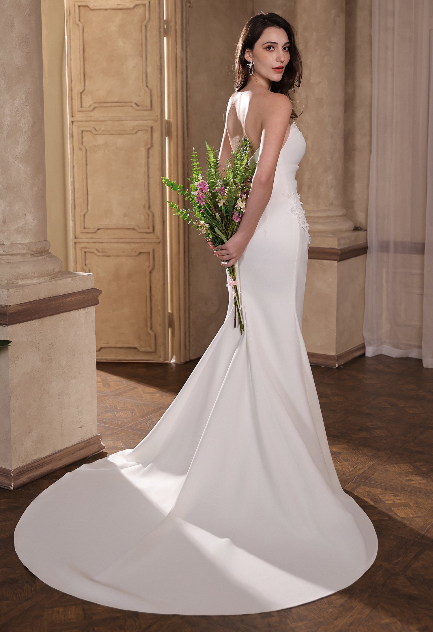 Elegant Satin Pleated Bodice Fit to Flare Wedding Dress with 3D Lace Motifs