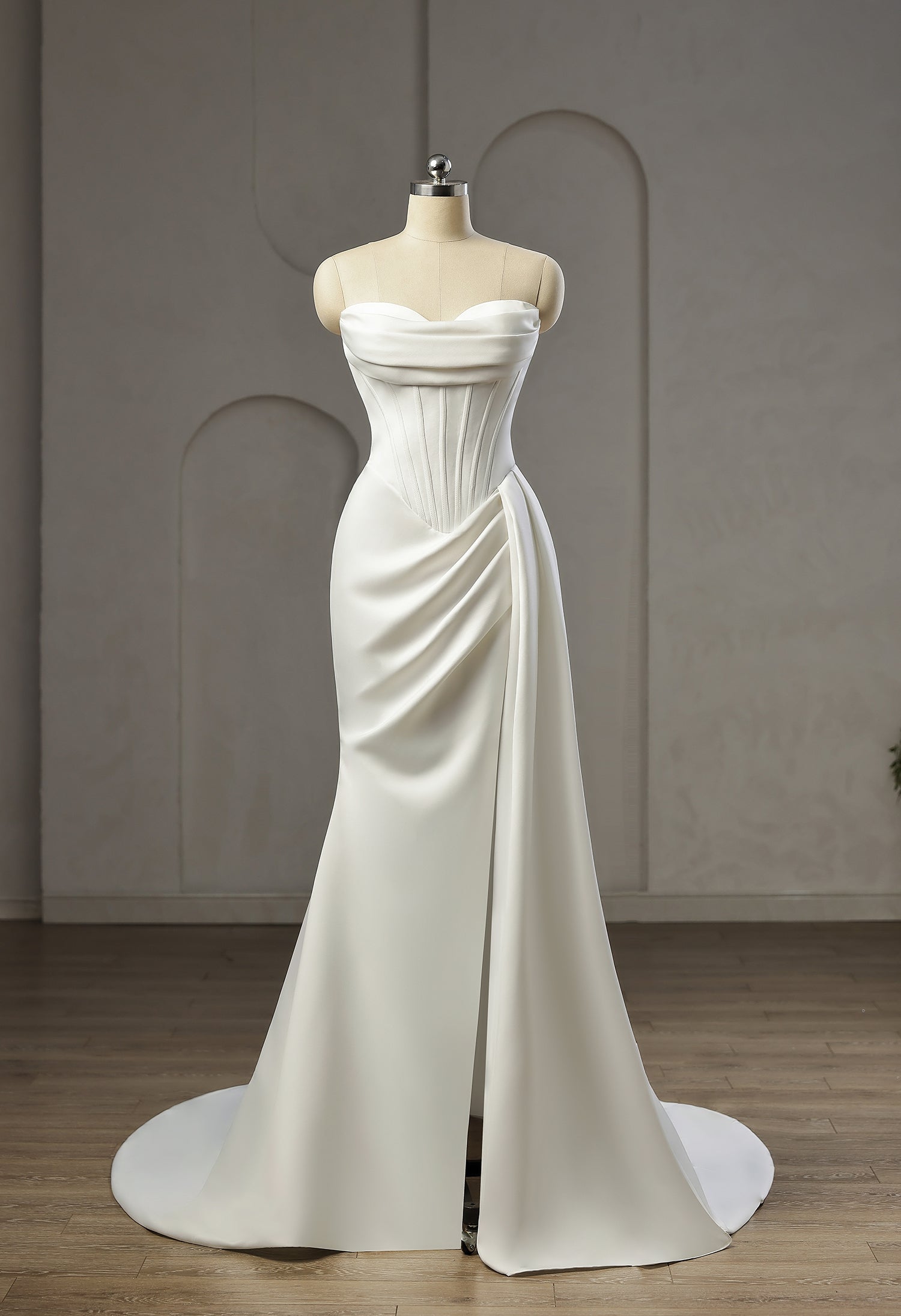 Strapless Cowl Neck Corset Satin Wedding Dress with High Slit and Sweep Train