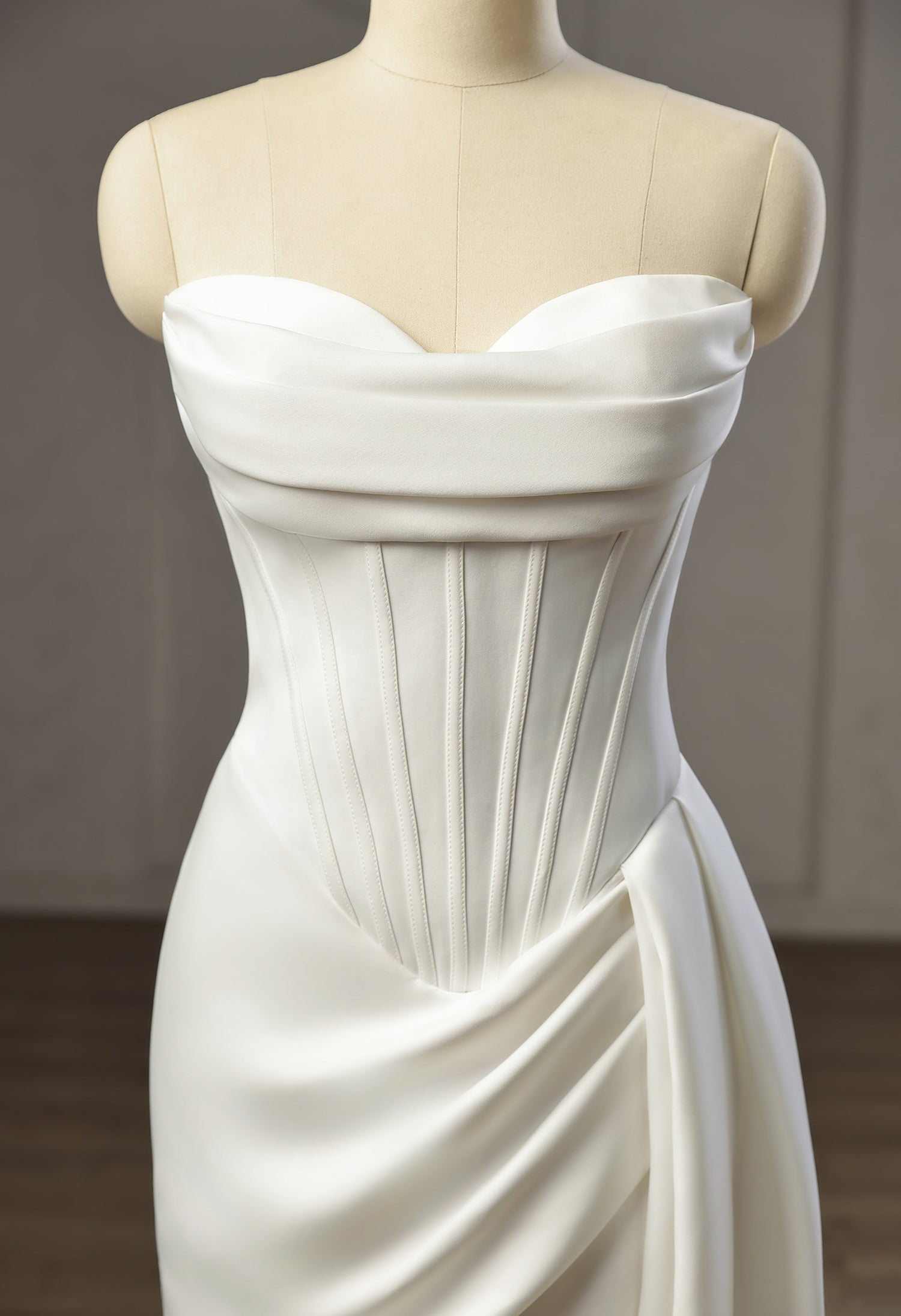 Strapless Cowl Neck Corset Satin Wedding Dress with High Slit and Sweep Train