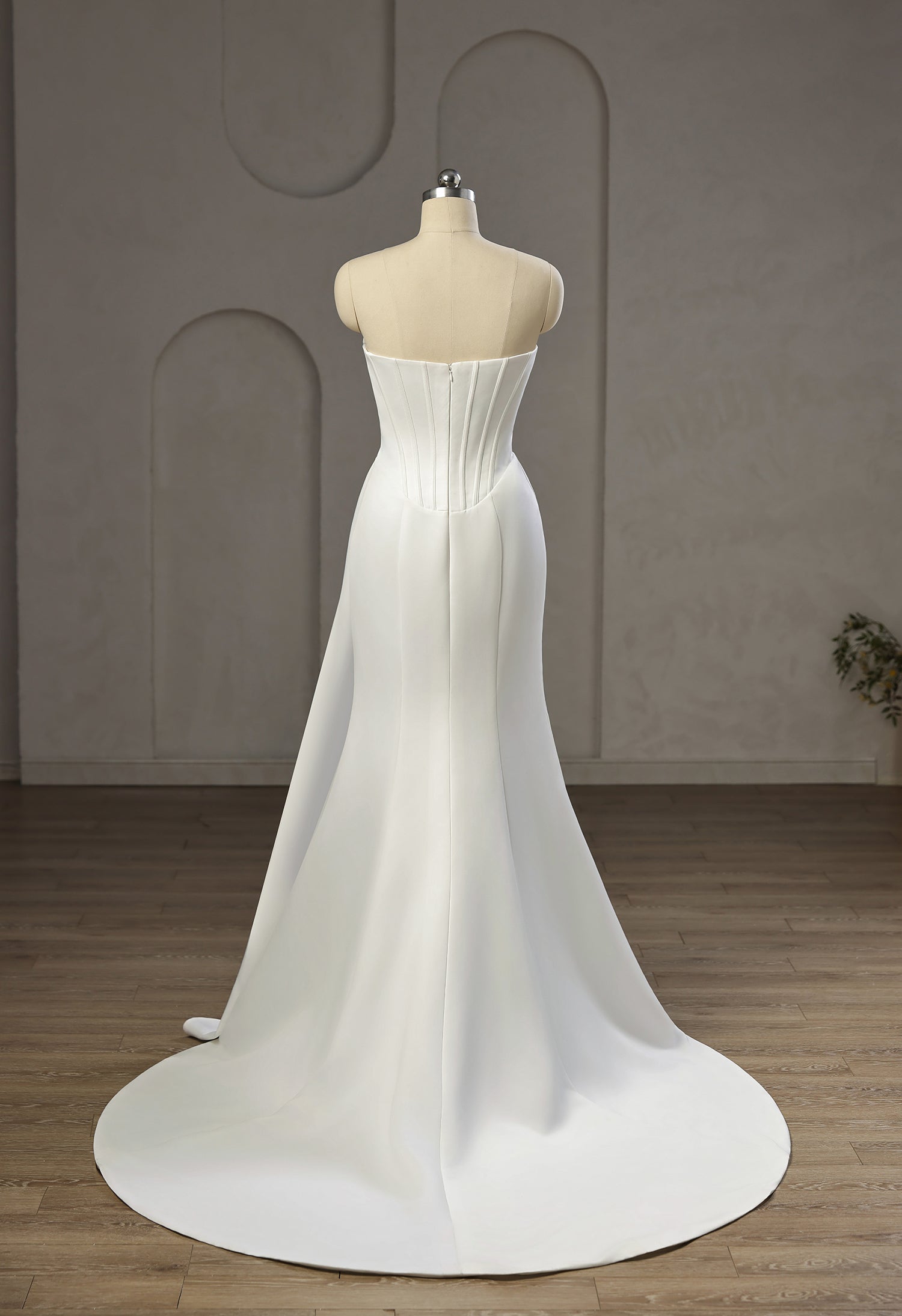 Strapless Cowl Neck Corset Satin Wedding Dress with High Slit and Sweep Train