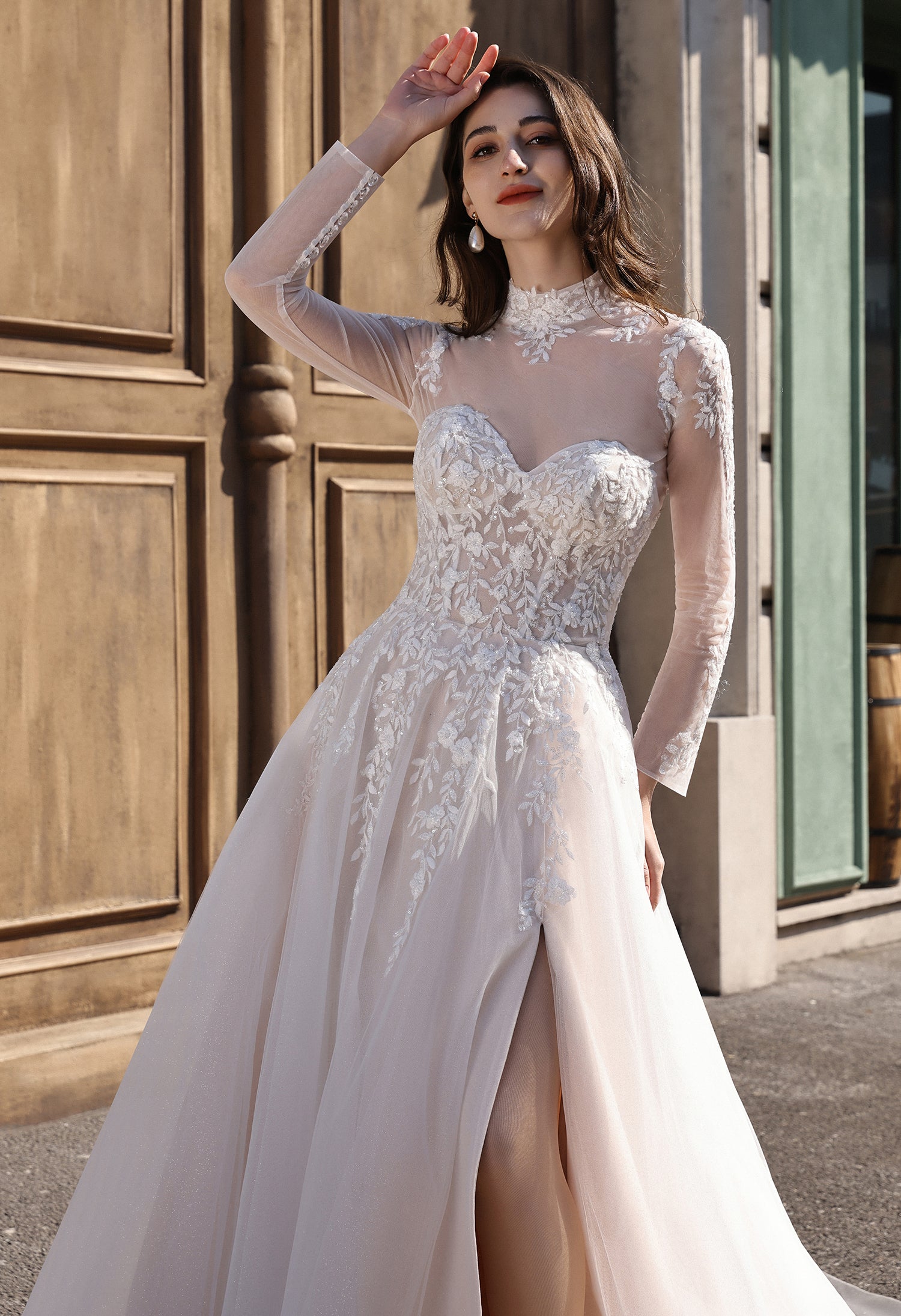 Strapless Sweetheart Beaded Lace Wedding Dress With High Illusion Neck