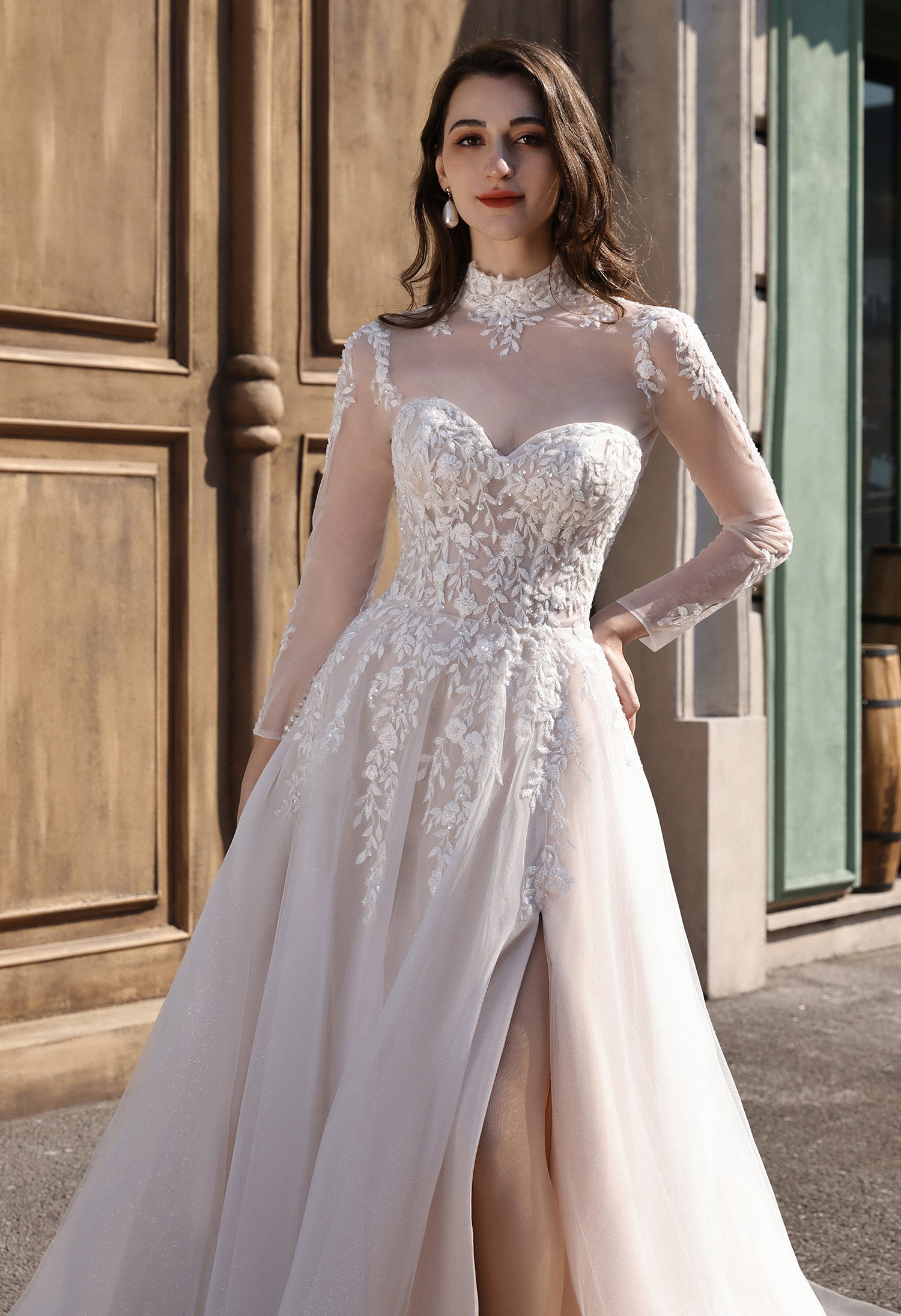 Strapless Sweetheart Beaded Lace Wedding Dress With High Illusion Neck
