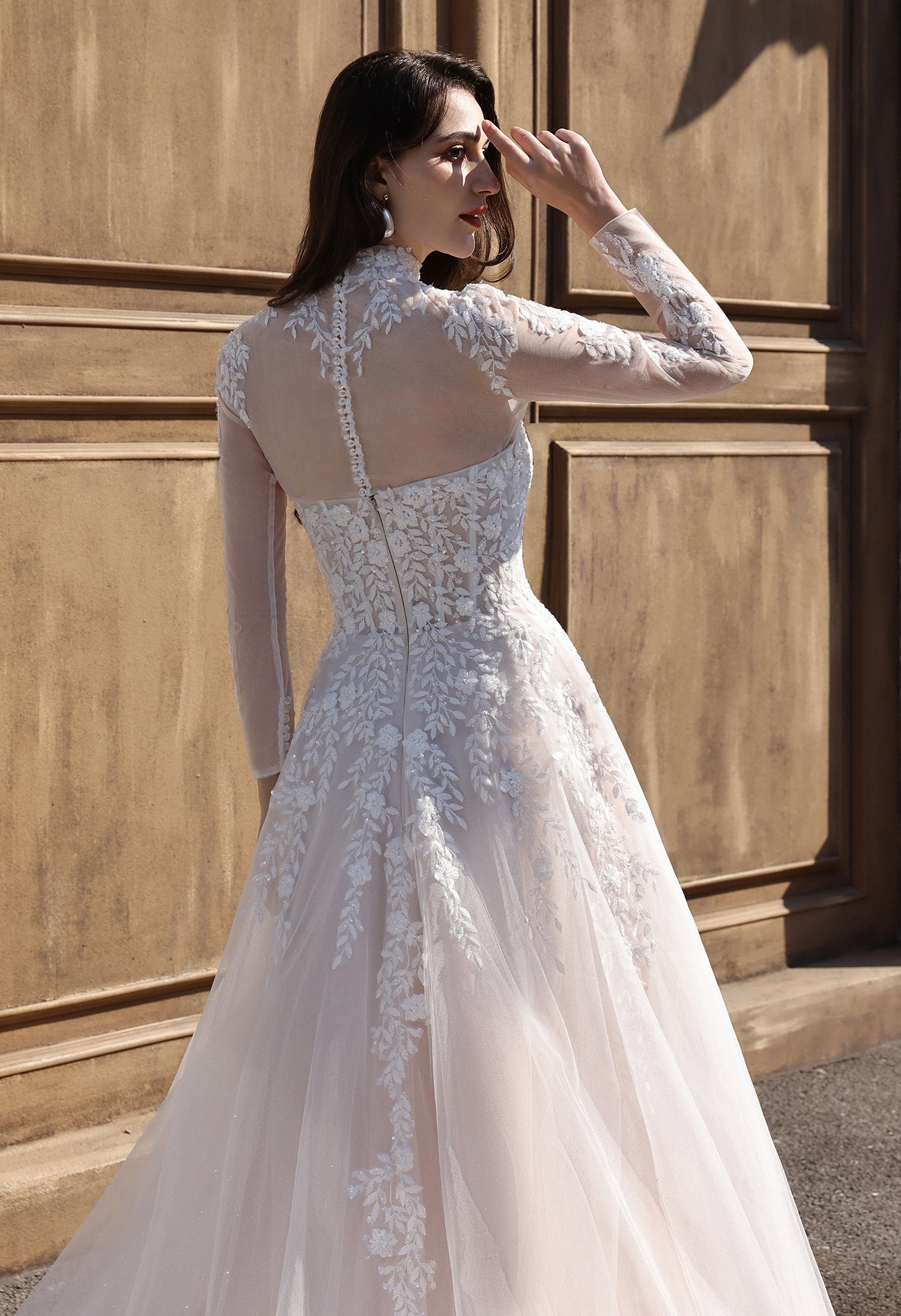 Strapless Sweetheart Beaded Lace Wedding Dress With High Illusion Neck
