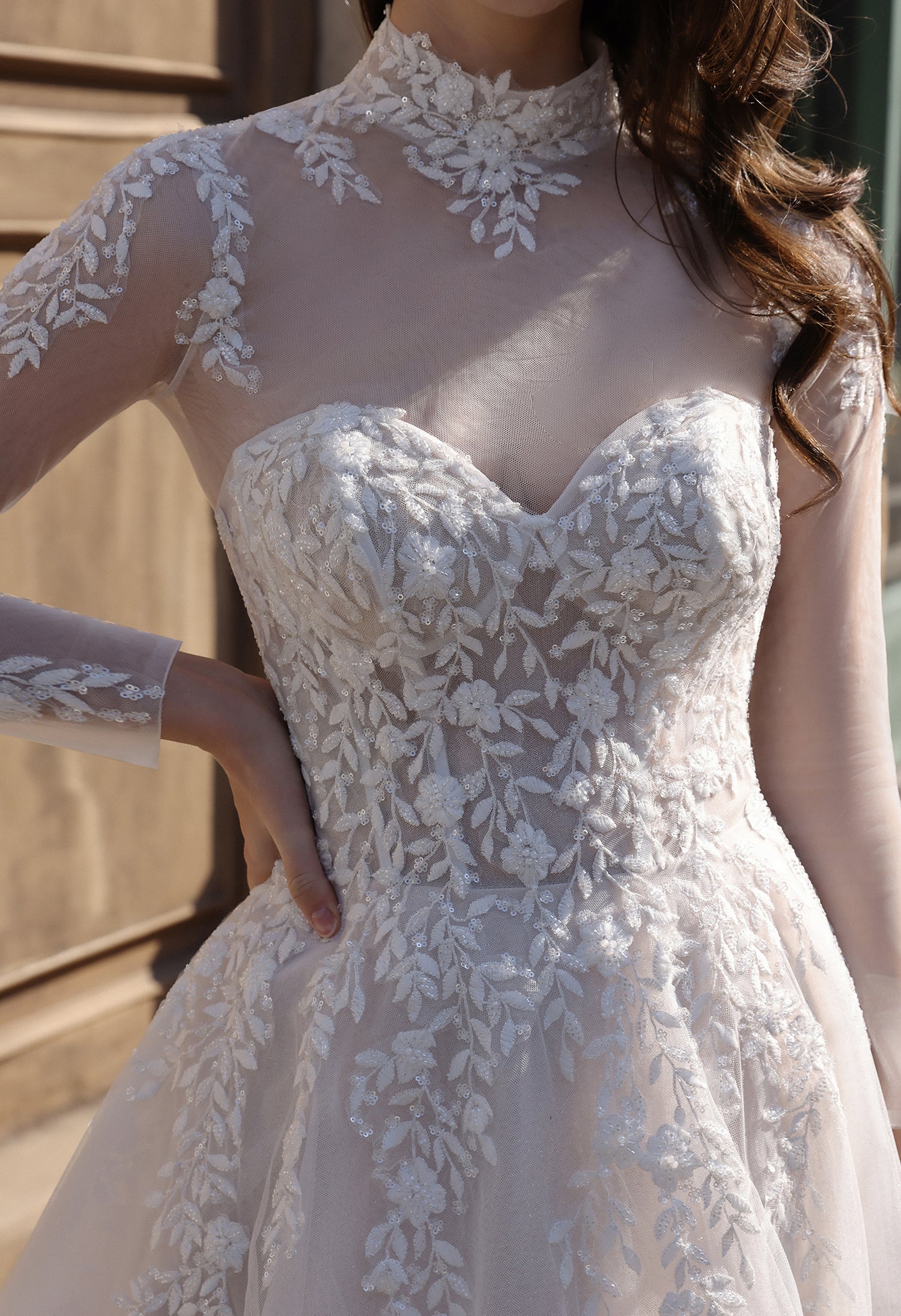 Strapless Sweetheart Beaded Lace Wedding Dress With High Illusion Neck