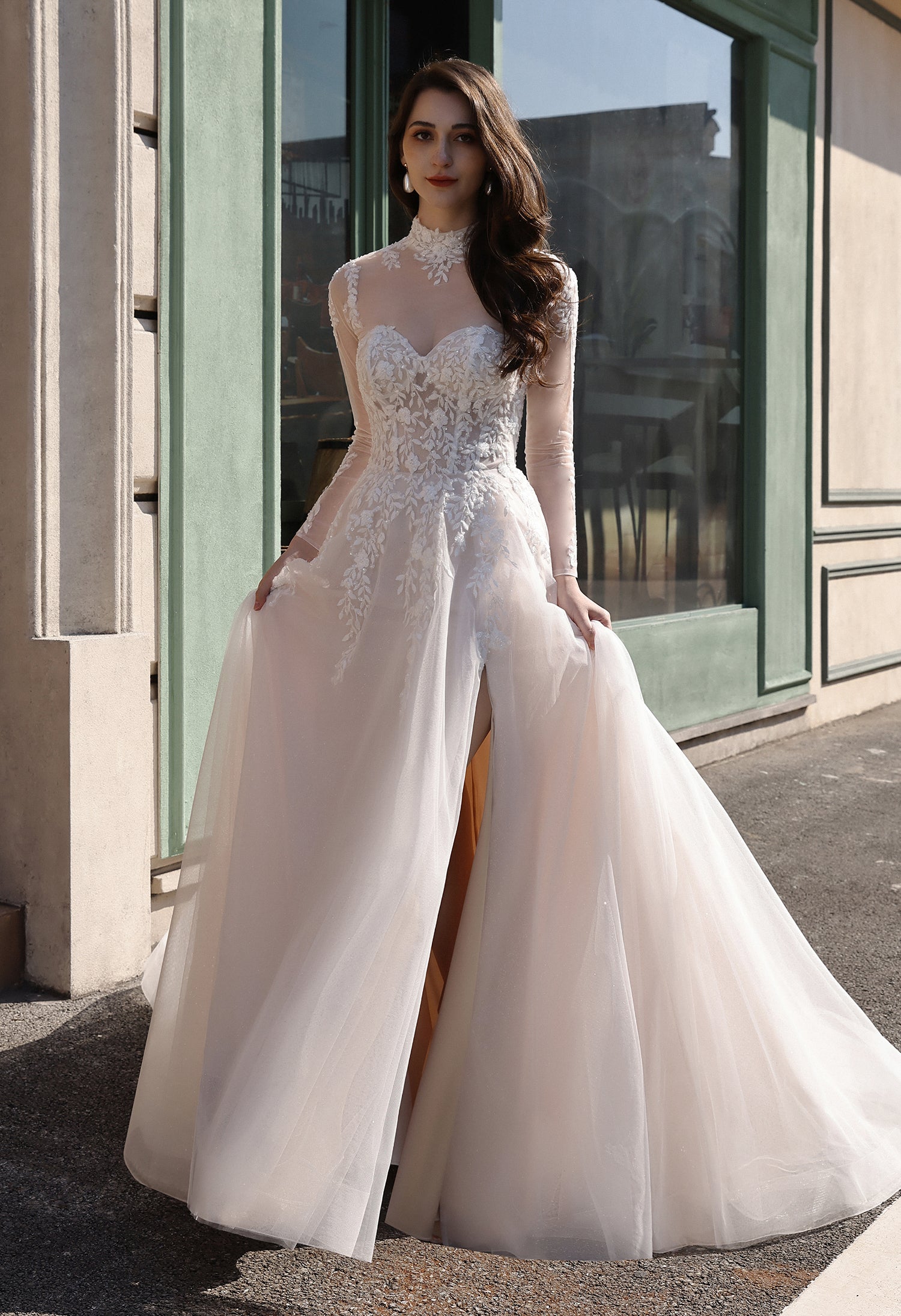 Strapless Sweetheart Beaded Lace Wedding Dress With High Illusion Neck