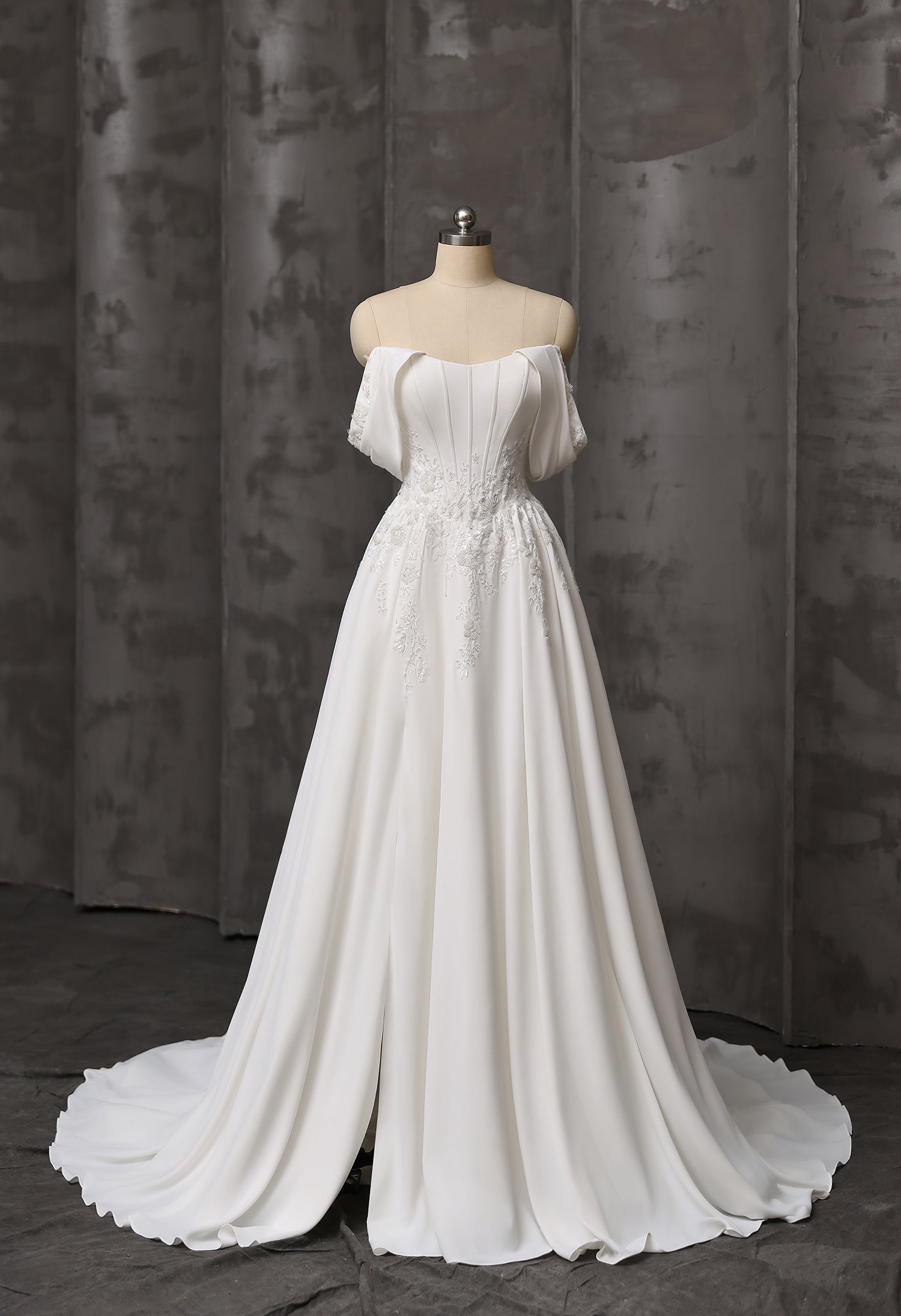 Embroidery Scoop Neckline with Detachable Draped Sleeves Satin Wedding Gown