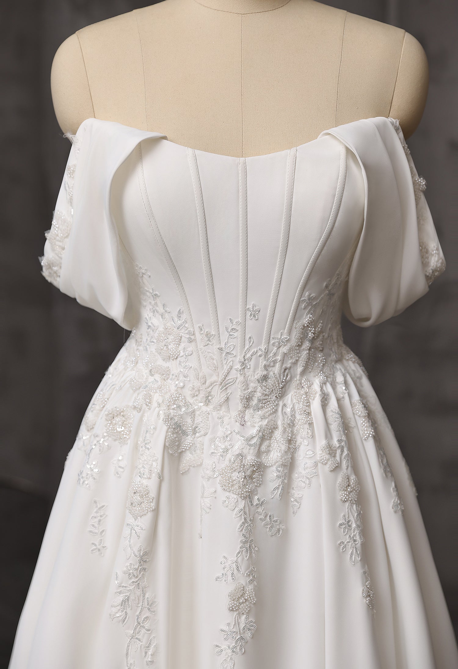 Embroidery Scoop Neckline with Detachable Draped Sleeves Satin Wedding Gown