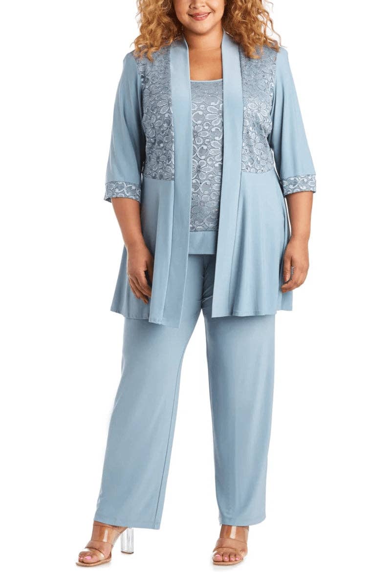 R&M Richards Sleeveless Laced Scoop Neckline Blouse Top Pleated Sequin Open Jacket Straight Leg Relaxed Trouser Pants Suit Dress