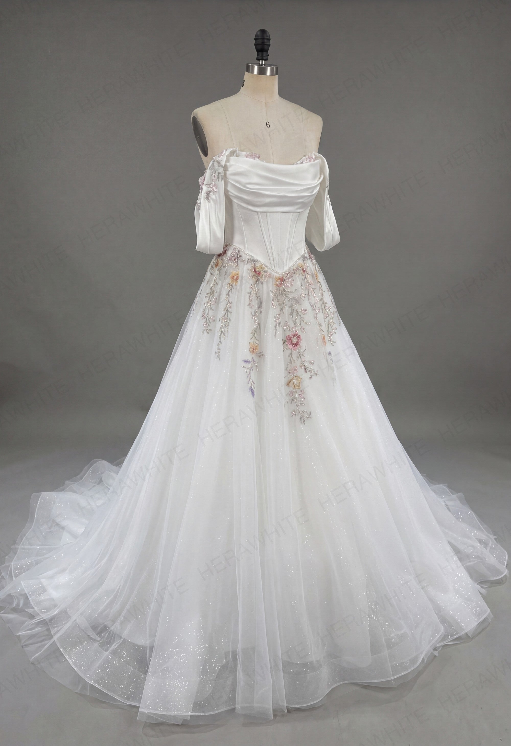 Off the Shoulder Satin Corset Ball Gown with Colorful Floral Embroidery